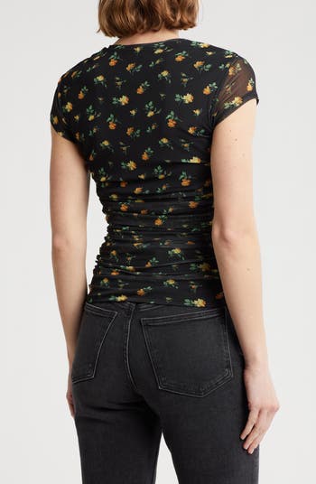 Lacey Cap Sleeve Ruched Mesh Top