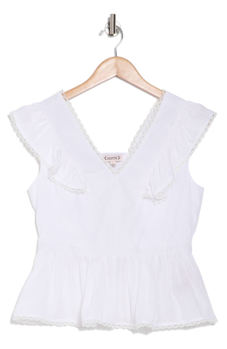 Nanette Lepore Lace Trim V-Neck Peplum Top, Alternate, color, Brilliant White