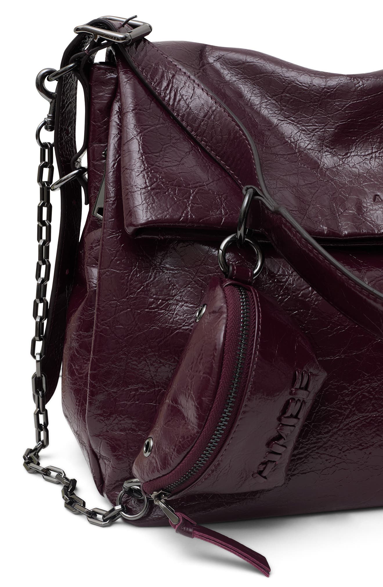 Zip Sling Leather Bag Charm, Alternate, color, WINE CRINKLE