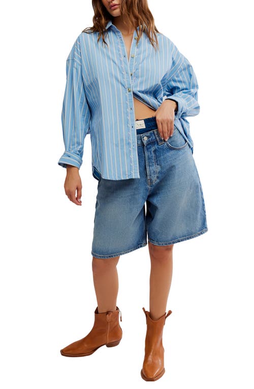 Free People Varsity Vibes Stripe Oversize Cotton Button-up Shirt In Blue