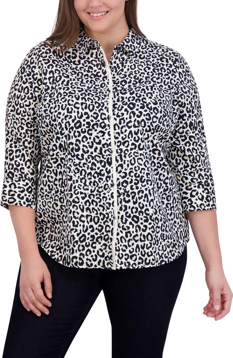Foxcroft Charlie Leopard Print Cotton Button-Up Shirt, Main, color, 