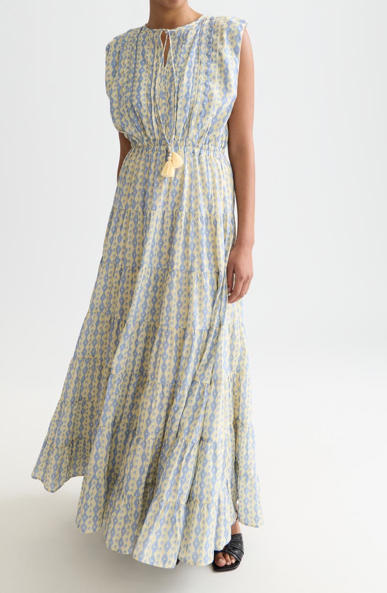 Scotch & Soda Abstract Print Tiered Cotton Blend Maxi Dress, Alternate, color, Cactus Stripe Placed Raffia