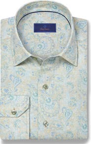 David Donahue Paisley Long Sleeve Linen & Pima Cotton Button-Up Shirt