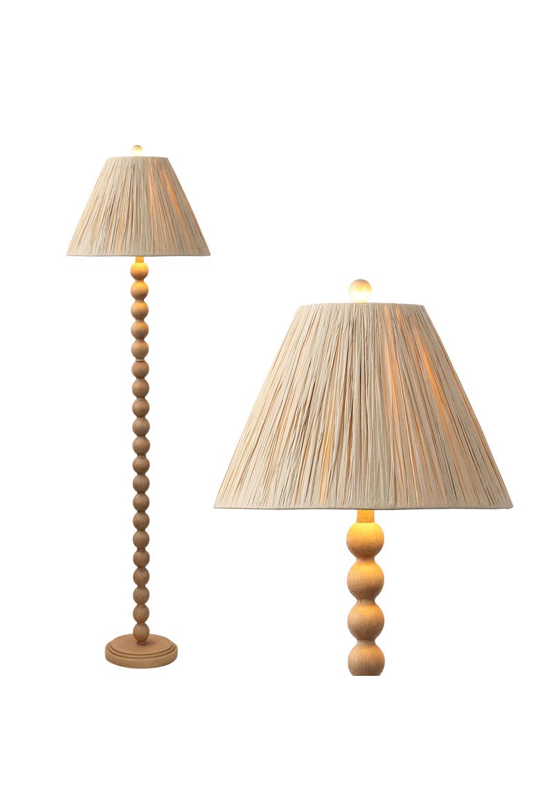 Wren 61.5" Modern Rustic Bobbin Pleated Paper Shade/Resin LED Floor Lamp, Main, color, Brown Wood Finish