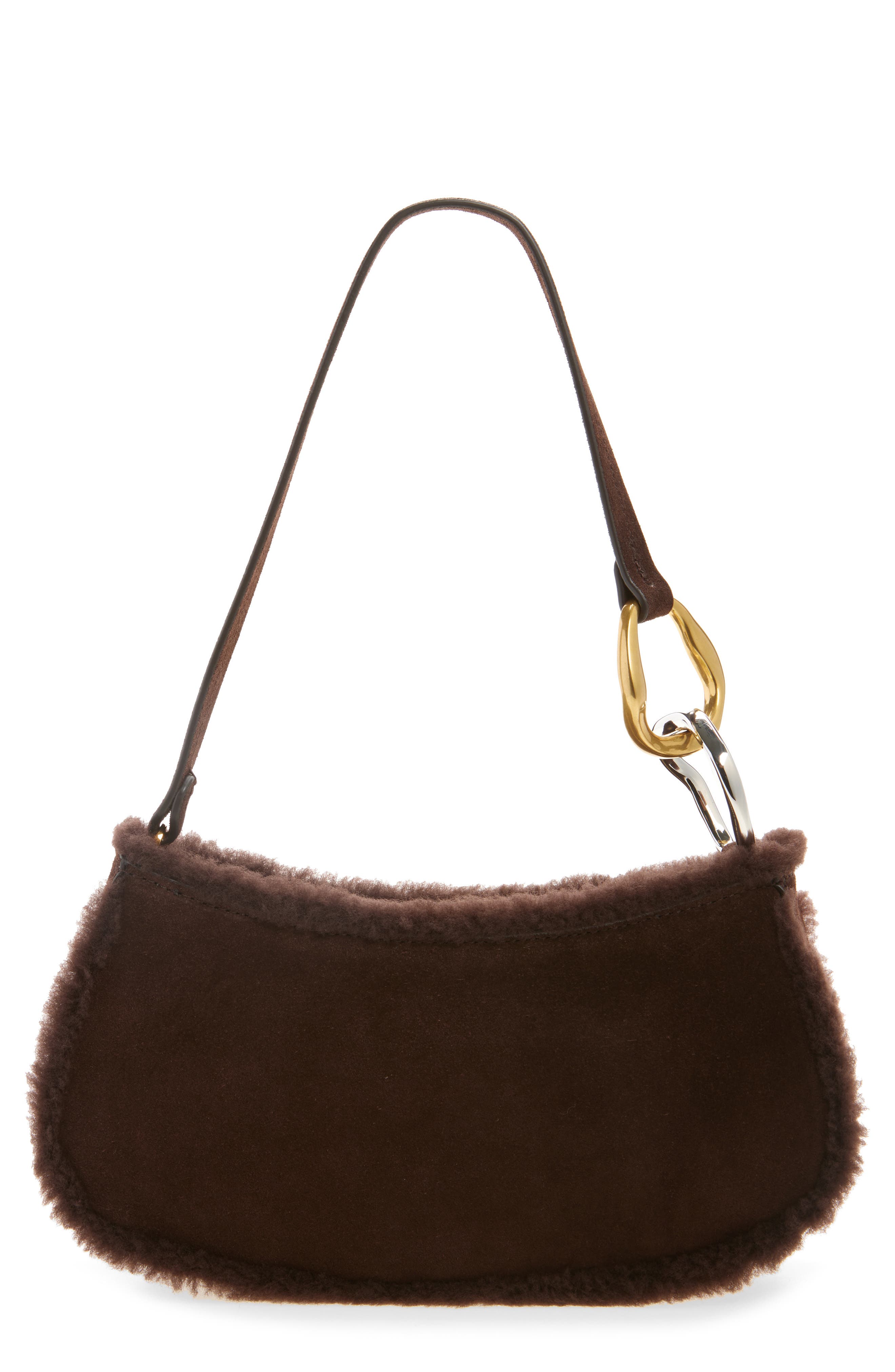 STAUD Ollie Suede Shoulder Bag with Faux Shearling Trim, Main, color, 