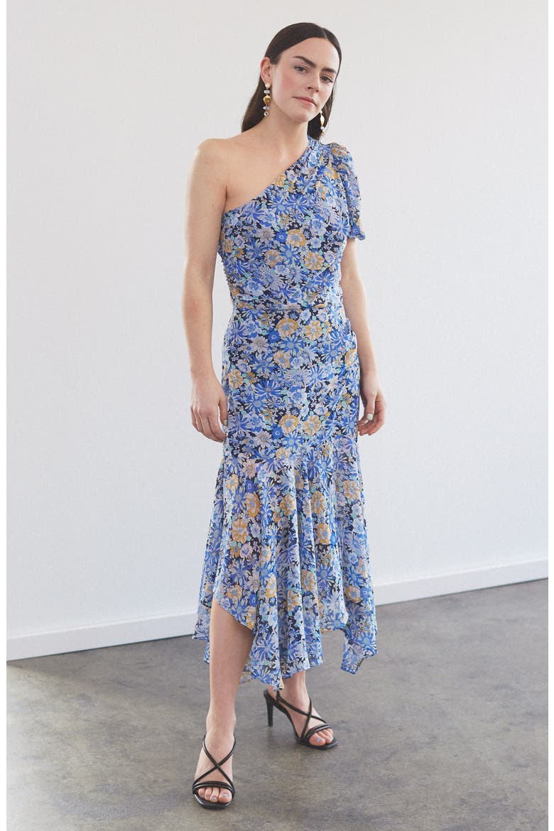Santorini One Shoulder Asymmetrical Midi Dress, Alternate, color, GREEN LILAC MULTI FLORAL