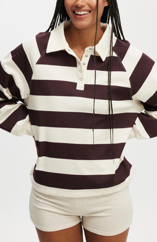 Cotton On Body Oversized Collared Lounge Fleece Sweater In Burgundy Cream Stripe