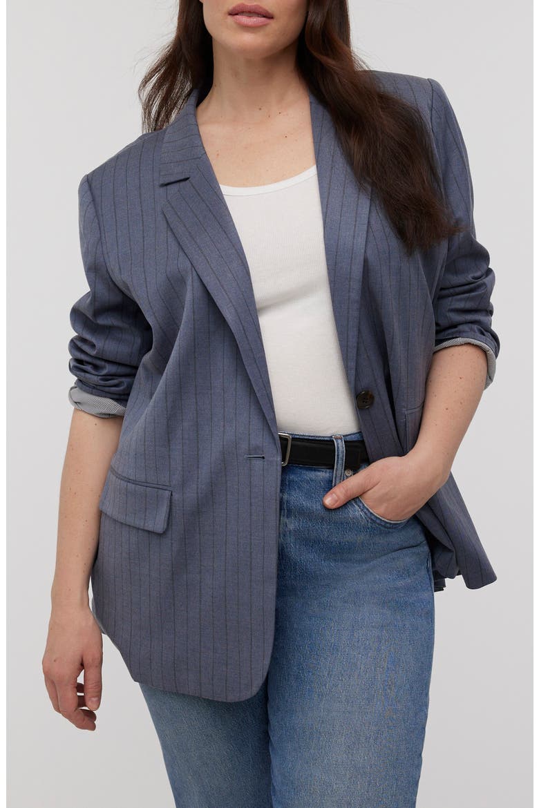 Pinstripe Single Breasted Blazer, Main, color, DARK MEDITERRANEAN