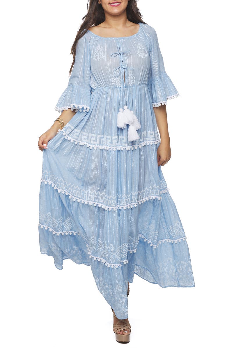 RANEES Pom Pom Maxi Dress, Main, color, Blue