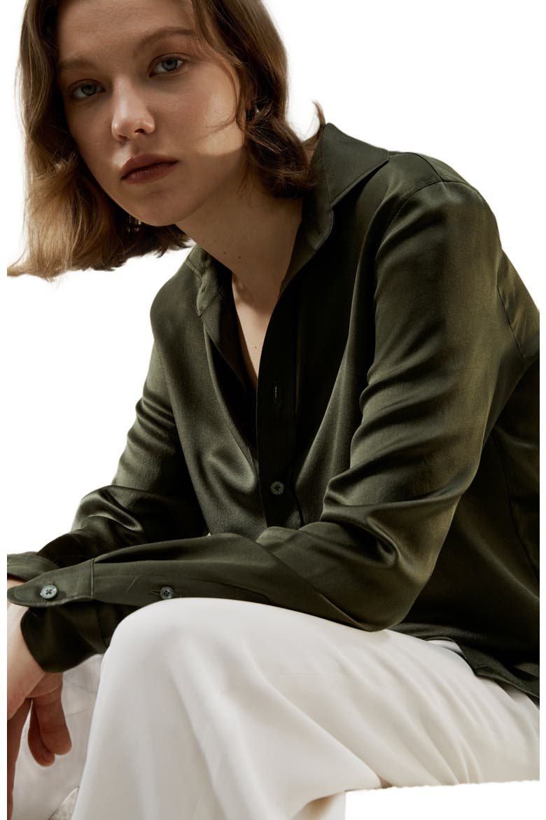Women's Tailored Button Down Silk Shirt, Alternate, color, Dark olive