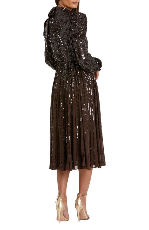 Mac Duggal Long Sleeve Tea Length Sequin Dress In Brown