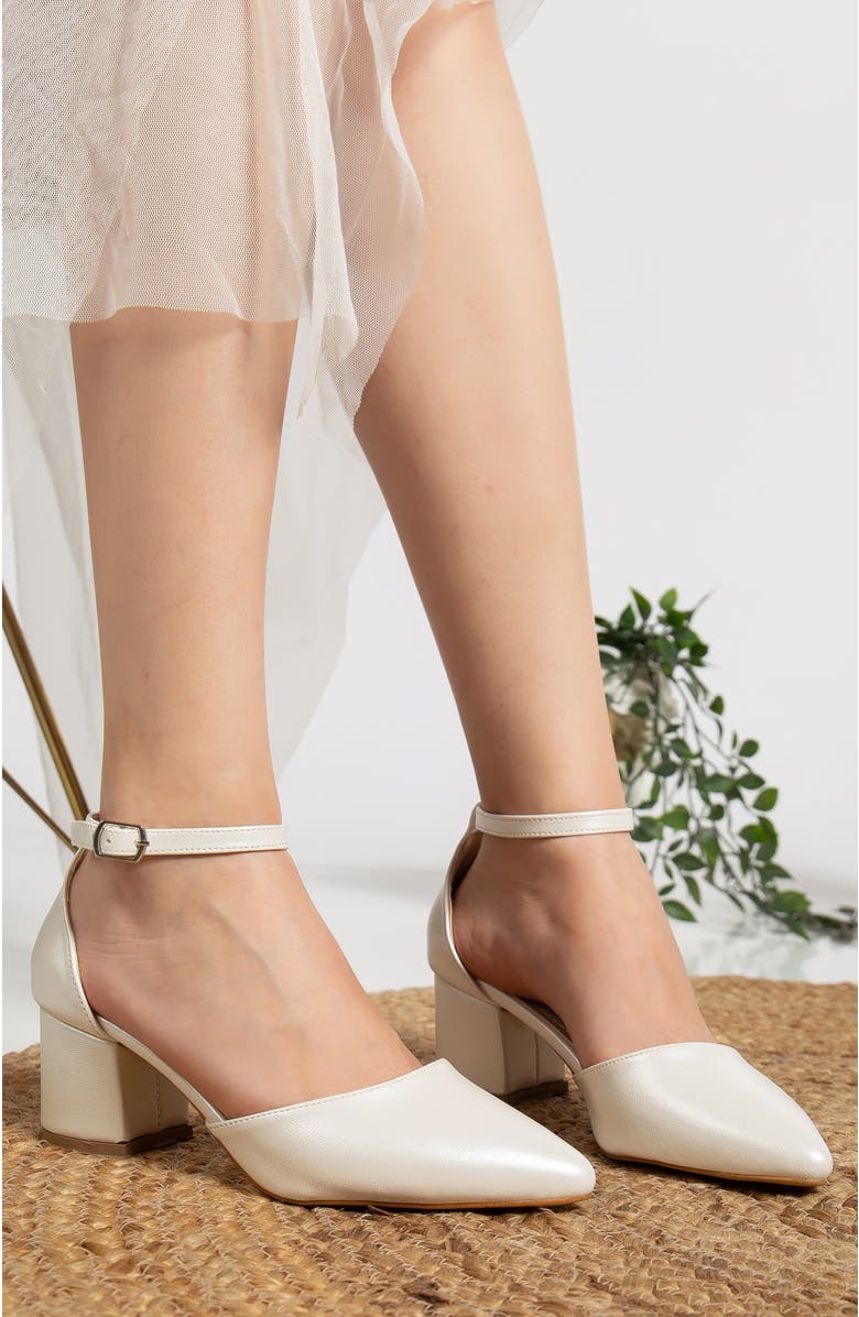 Forever & Always Shoes Fiona Low Block Heels with Ribbon, Alternate, color, Ivory Faux Leather