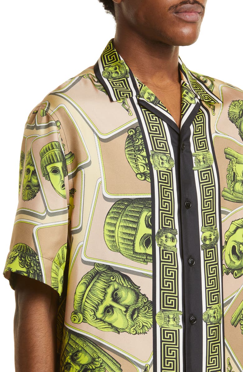 Versace Masks Print Short Sleeve Silk Camp Shirt, Alternate, color, 