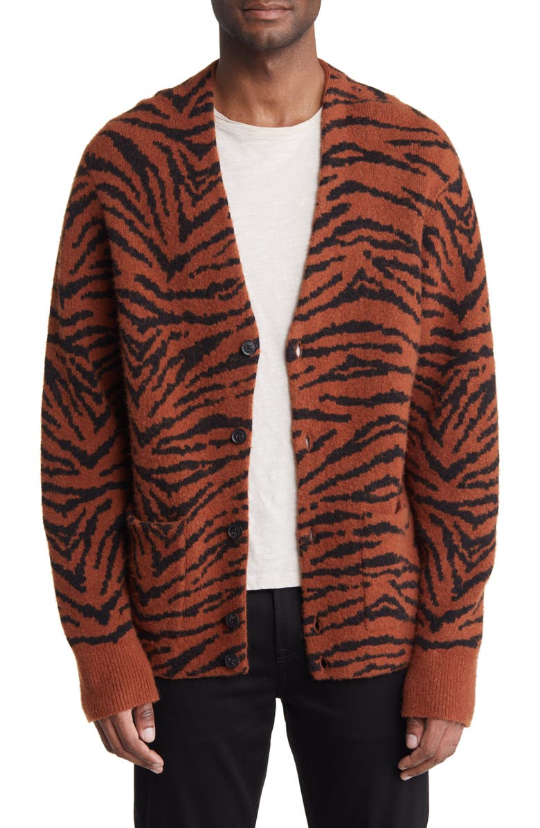 AllSaints Catt Tiger Stripe Bouclé Cardigan, Main, color, 