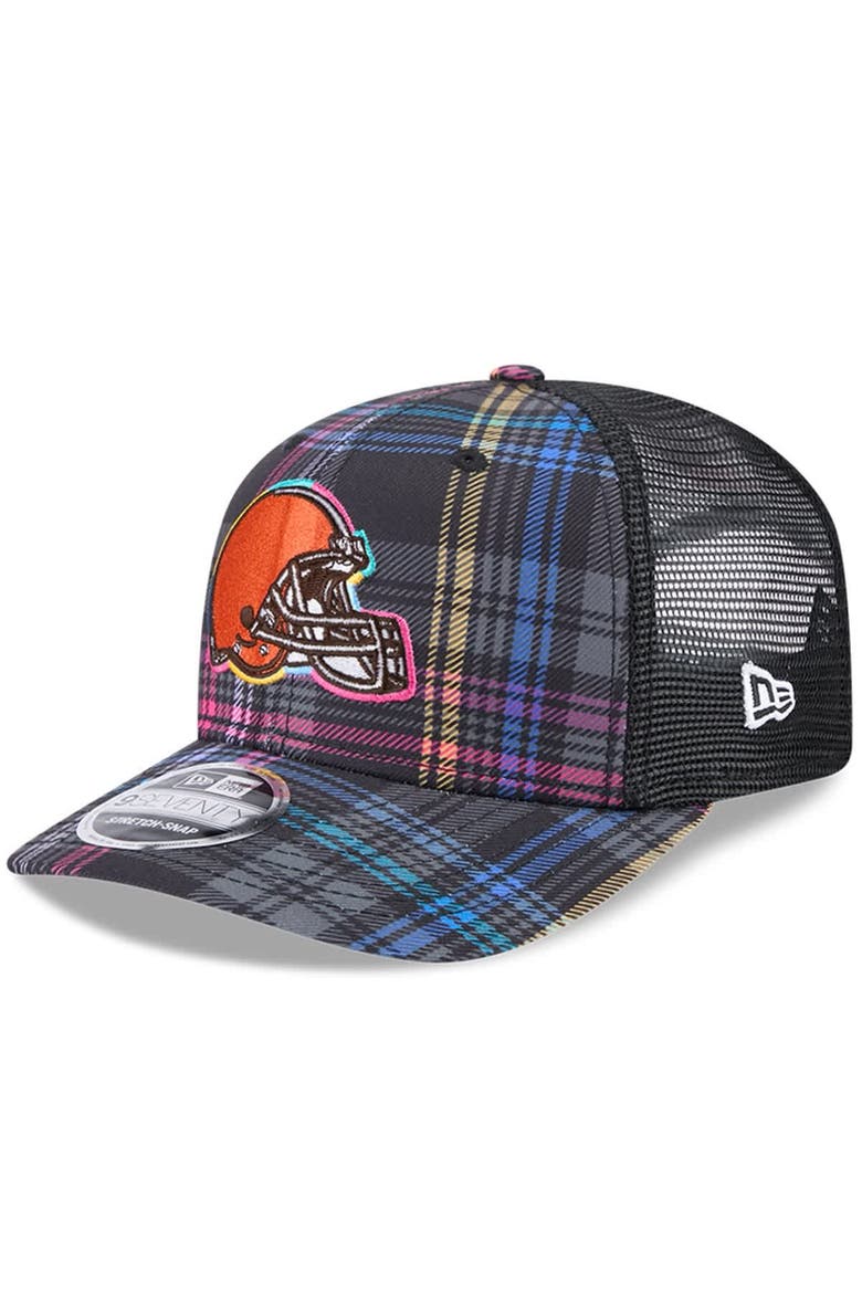 Men's New Era Black Cleveland Browns 2024 NFL Crucial Catch Plaid 9SEVENTY Trucker Snapback Hat, Alternate, color, Black