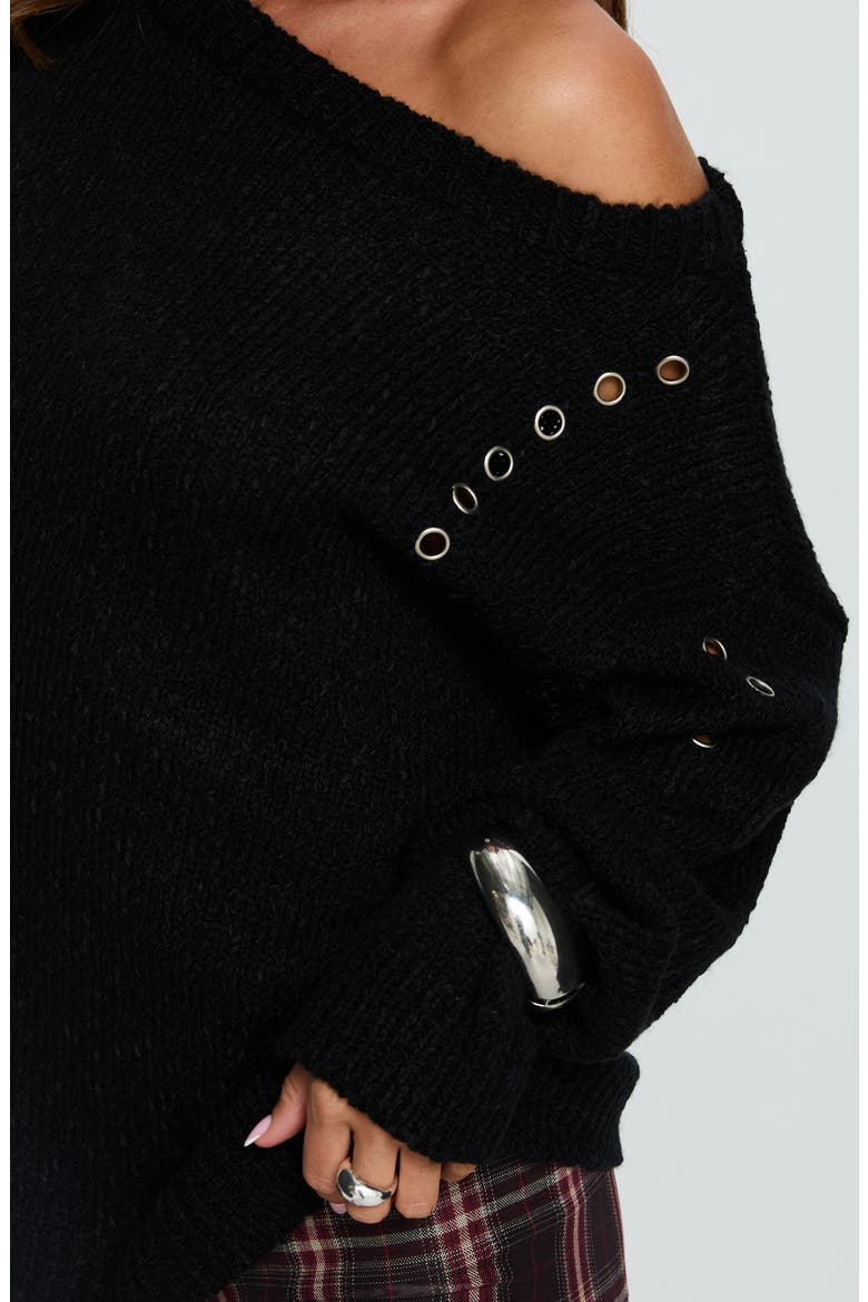Esenia Eyelet One-Shoulder Sweater, Alternate, color, BLACK / SILVER