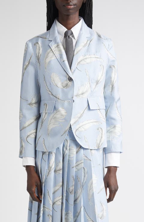 Feather Print Stripe Silk Blazer