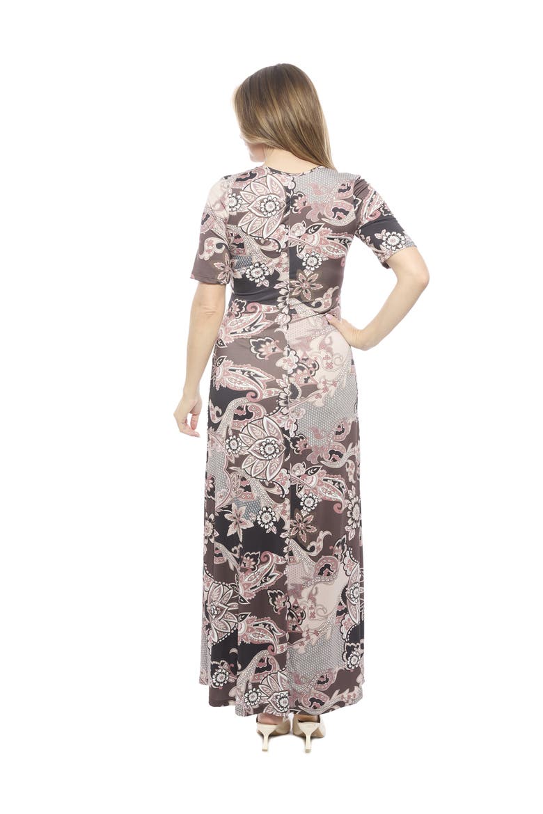 Womens Essential Scoop Neck Elbow Sleeve A-Line Maxi Dress, Alternate, color, Brown Multi