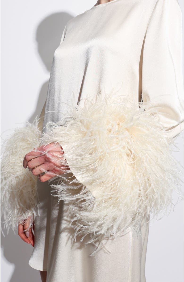LAPOINTE Satin Shift Dress With Feathers, Alternate, color, Cream