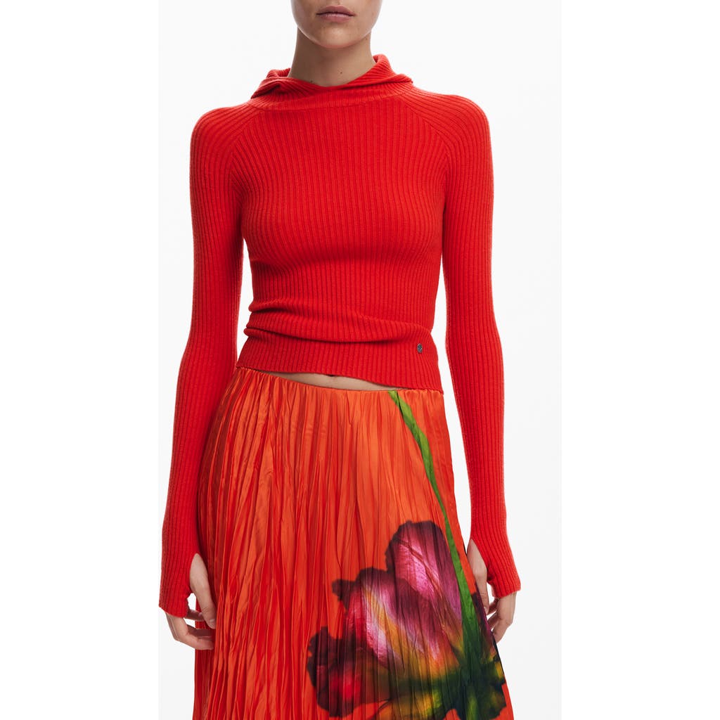 Desigual Rib Hoodie Sweater In Orange Red