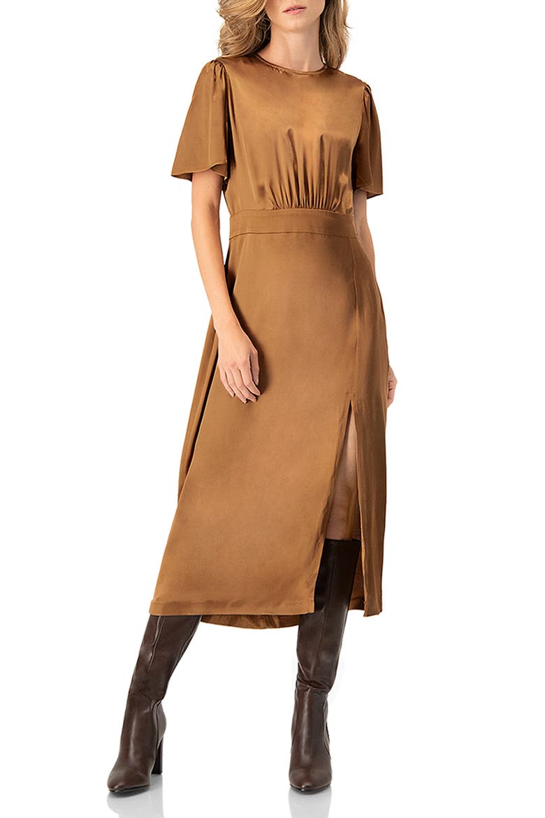 Short Sleeve Satin Midi Dress, Main, color, Brown