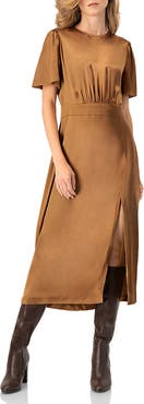 IVONNE Short Sleeve Satin Midi Dress