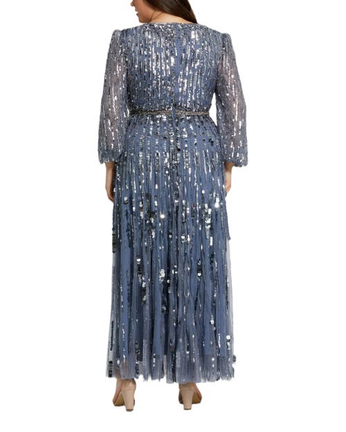 Mac Duggal Long Sleeve Beaded Crystal Deep V Neckline Gown In Slate Blue