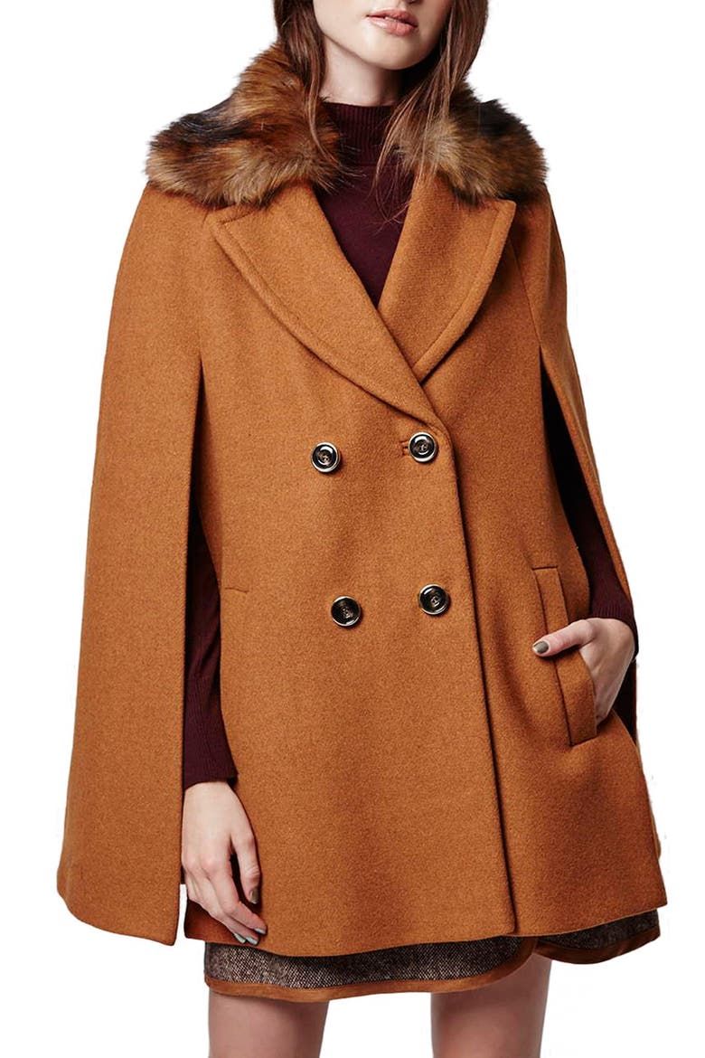 Faux Fur Double Breasted Cape, Main, color, BROWN MULTI