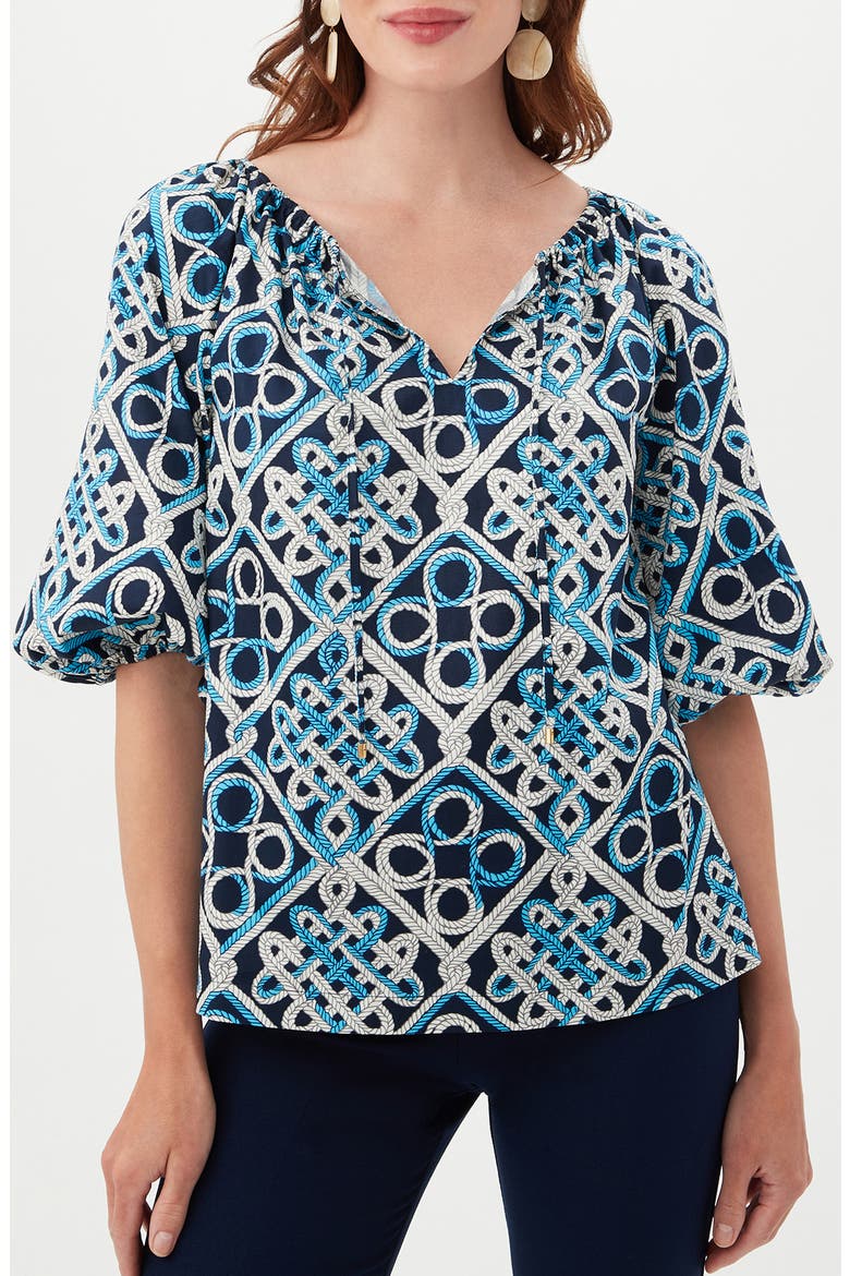 Vista Las Palmas Organic Cotton Elbow-Length Puff Sleeve Top, Main, color, BLUE MULTI