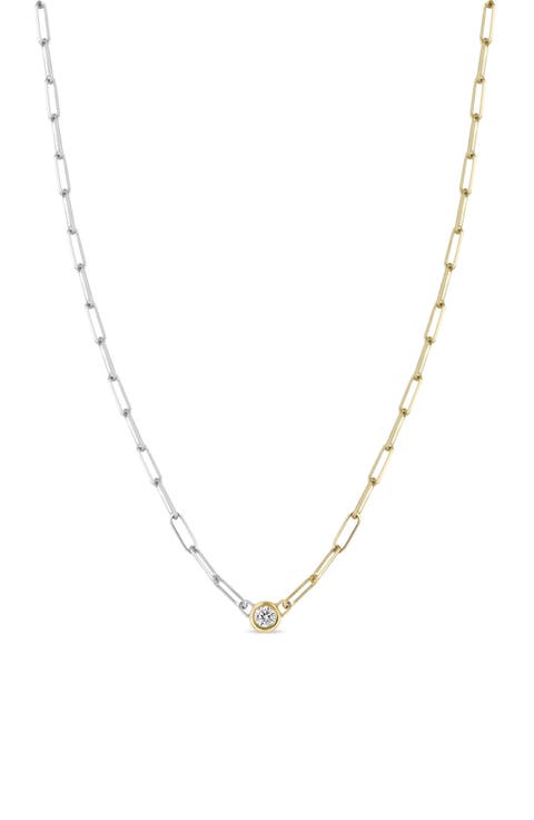 Diamond Bezel Mixed Paper Clip Chain Necklace