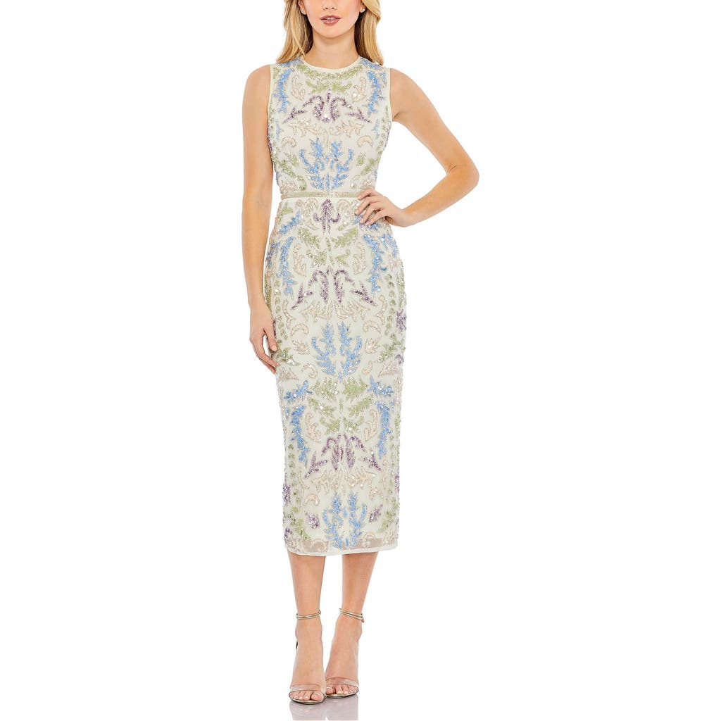 Mac Duggal Sleeveless Sequined High Neck Tea Length Dress In Ivory Multi