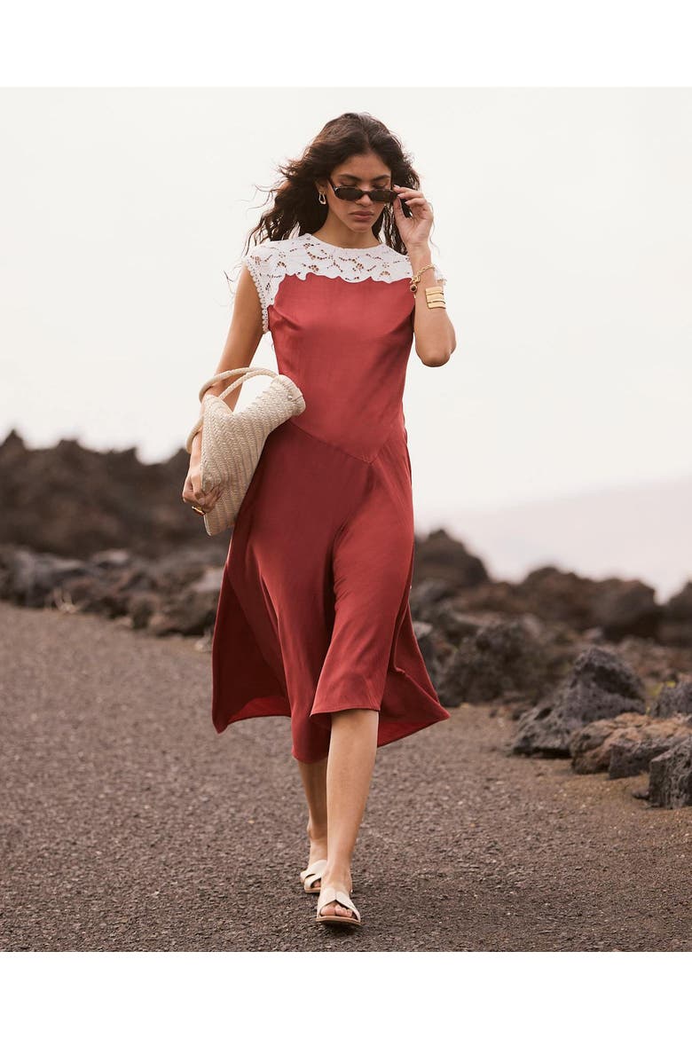 Lace Detail Midi Dress, Alternate, color, Brown