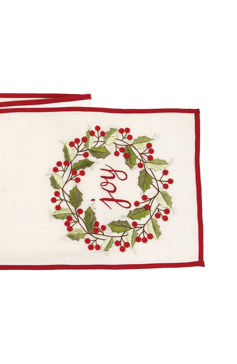 C&F Home "Joy" Holly Berries Wreath Vintage Embroidered Christmas Table Runner 14" x 72", Alternate, color, Beige