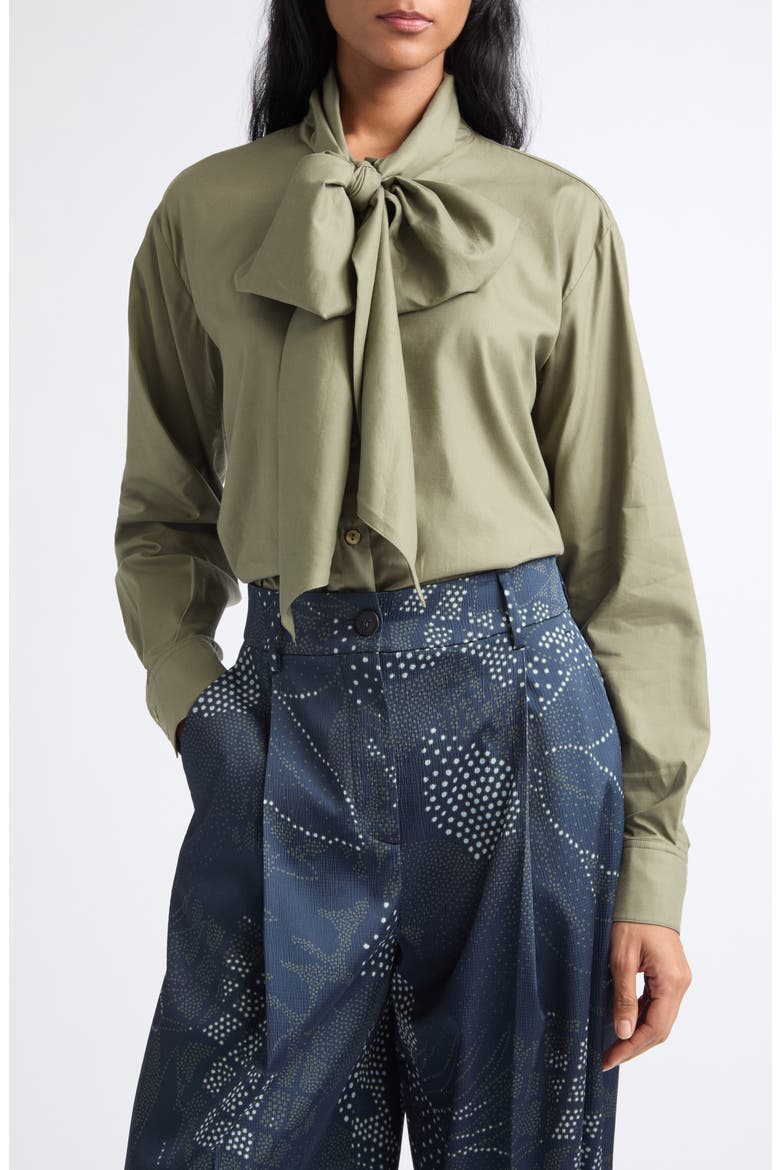 Cotton Blend Poplin Tie Neck Button-Up Top, Main, color, SAGE