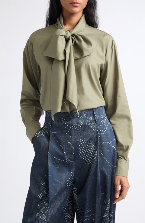 Cotton Blend Poplin Tie Neck Button-Up Top