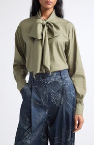Emporio Armani Cotton Blend Poplin Tie Neck Button-Up Top