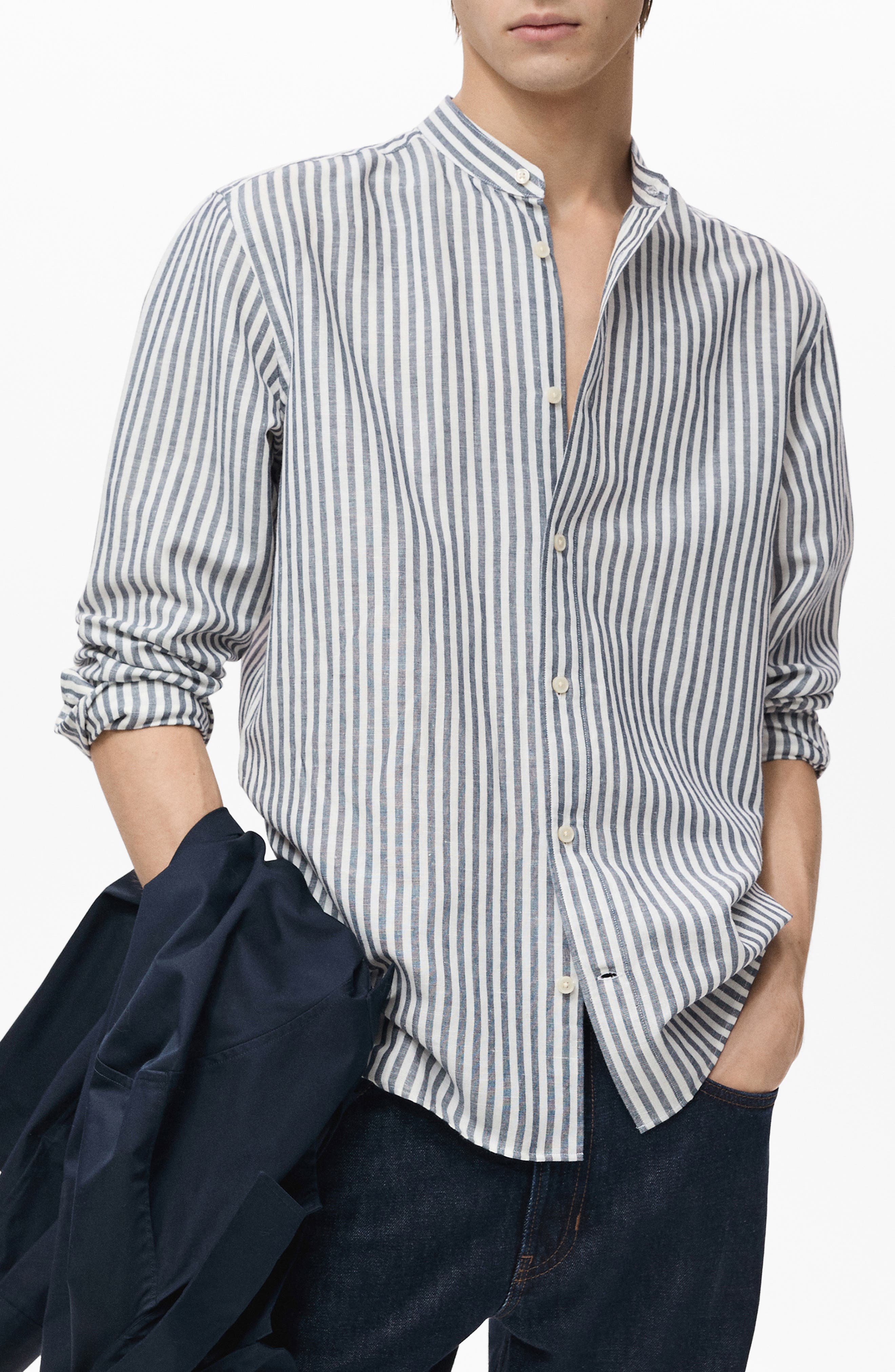 Mandarin Collar Linen & Cotton Button-Up Shirt