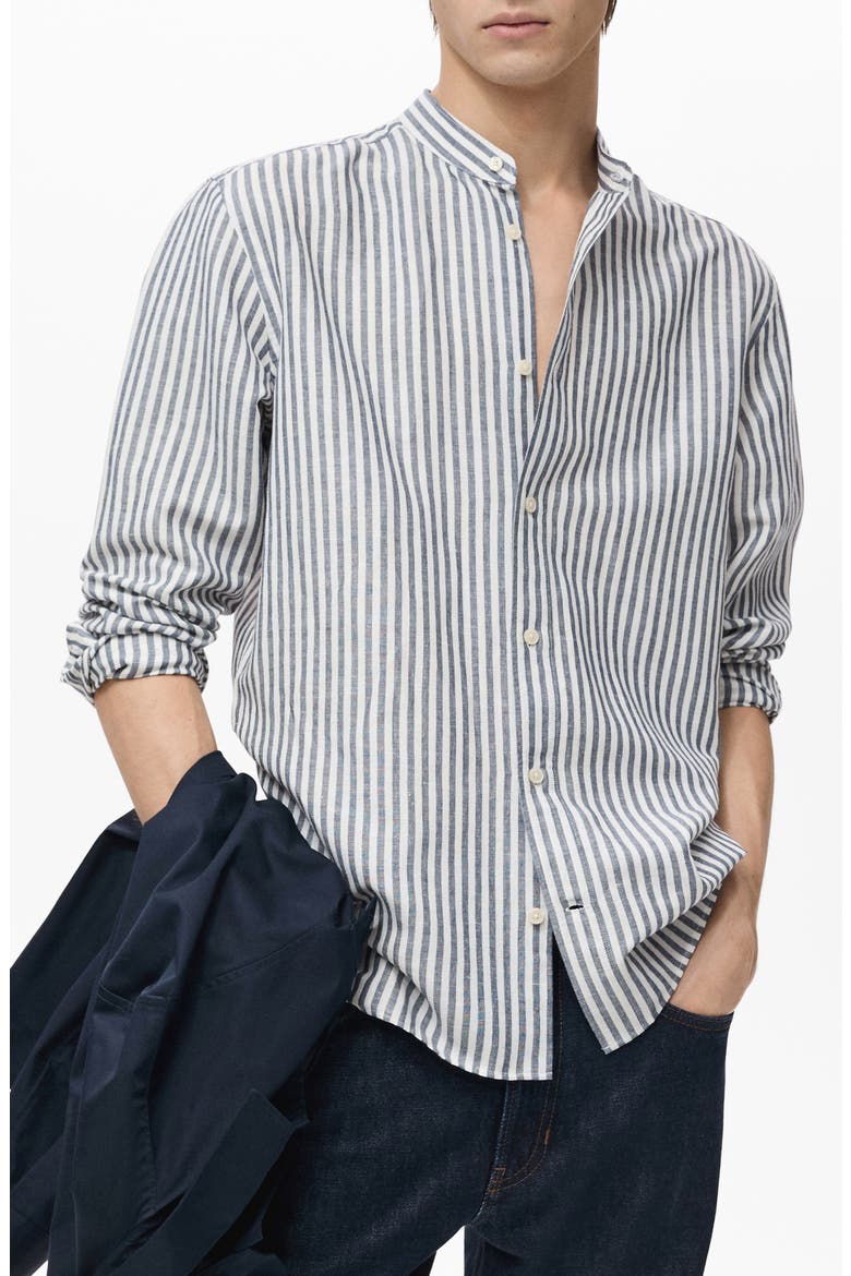 Mandarin Collar Linen & Cotton Button-Up Shirt, Main, color, DARK NAVY