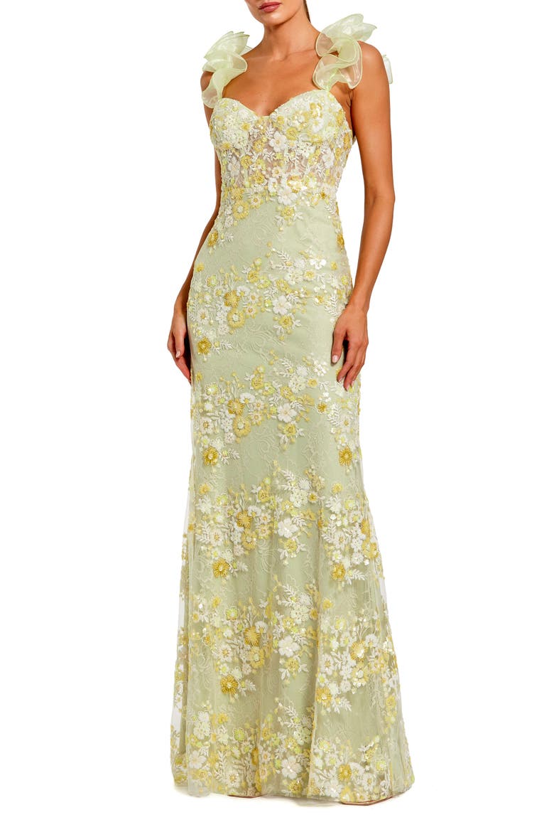 Embroidered Lace Floral Gown with Ruffle Straps, Main, color, Sage Multi