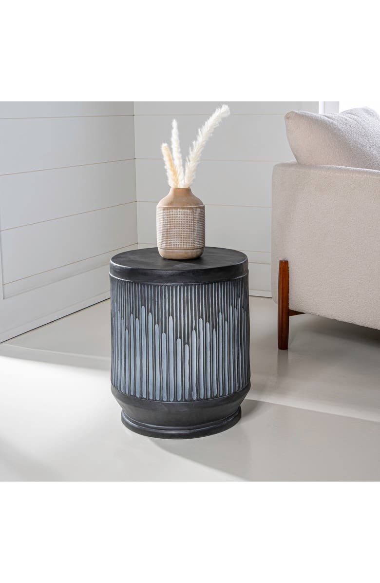 JONATHAN Y Kline Modern Ribbed UV-Resistant Resin Outdoor Accent Table, All-Weather Patio Drum Side Table Garden Stool, Alternate, color, Washed Black