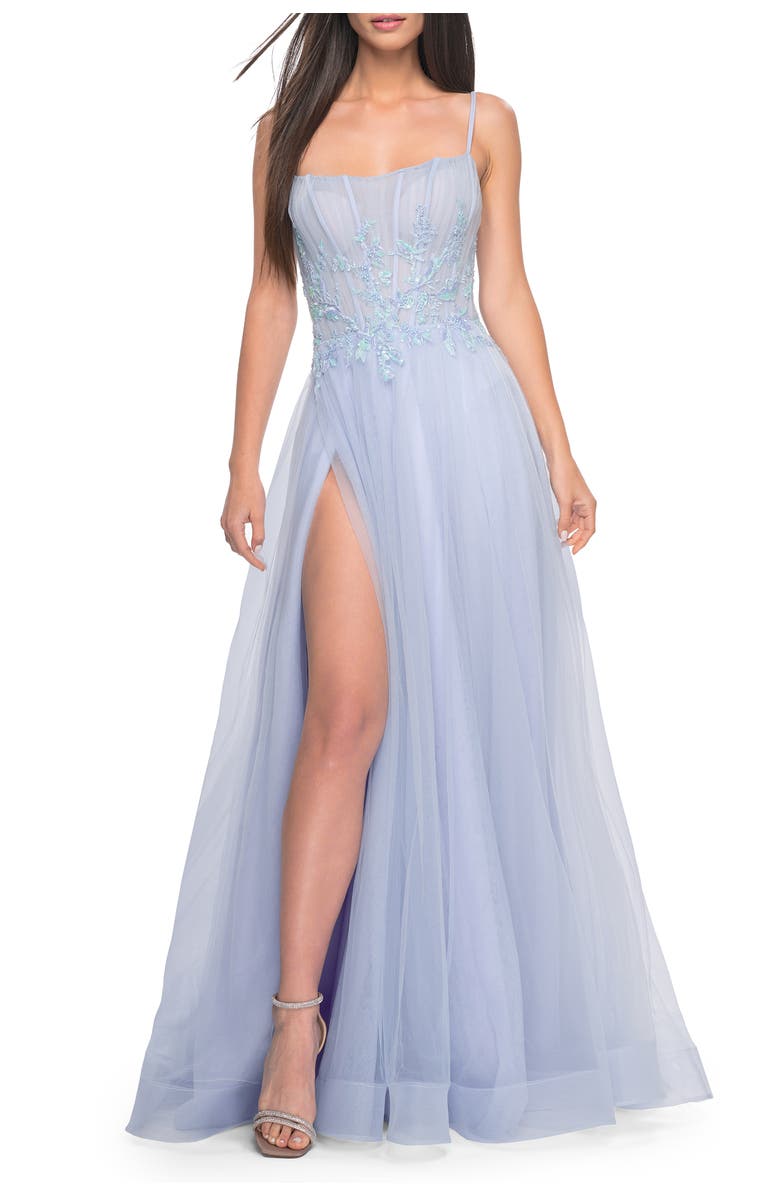La Femme Tulle A-line Dress with Beaded Lace Waist and Square Neckline, Main, color, Light Periwinkle