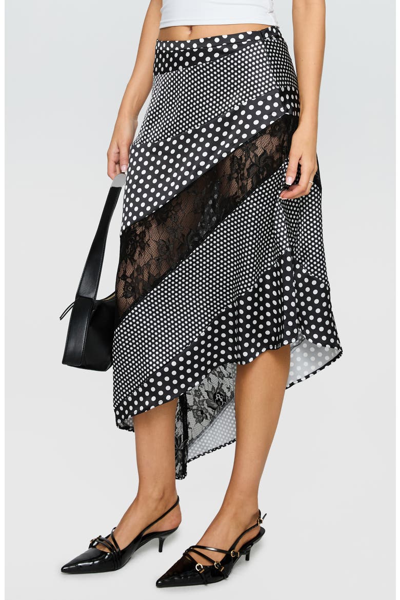Midnight Memories Mixed Polka Dot & Lace Asymmetric Midi Skirt, Alternate, color, BLACK MULTI