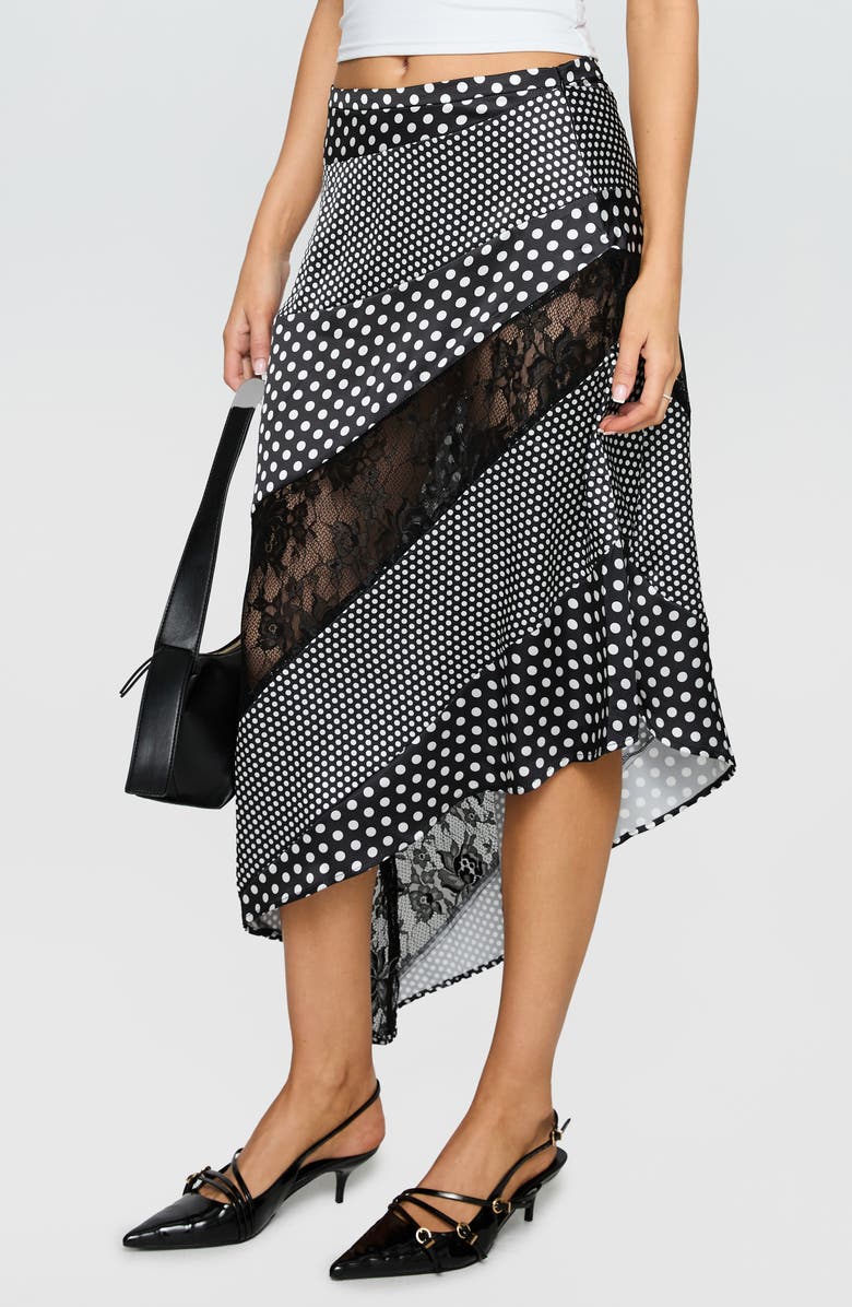 Princess Polly Midnight Memories Mixed Polka Dot & Lace Asymmetric Midi Skirt, Alternate, color, Black Multi