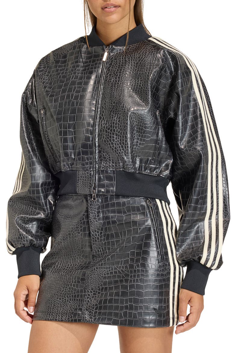 SST Croc Embossed Faux Leather Track Jacket, Main, color, BLACK
