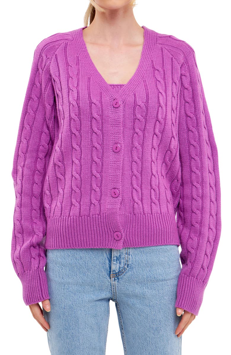 English Factory Cable Knit Cardigan, Alternate, color, Grape