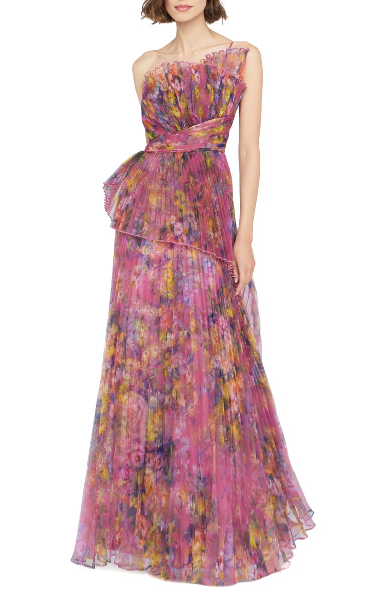 Theia Nicolette Floral Print Pleated Organza Gown, Main, color, 