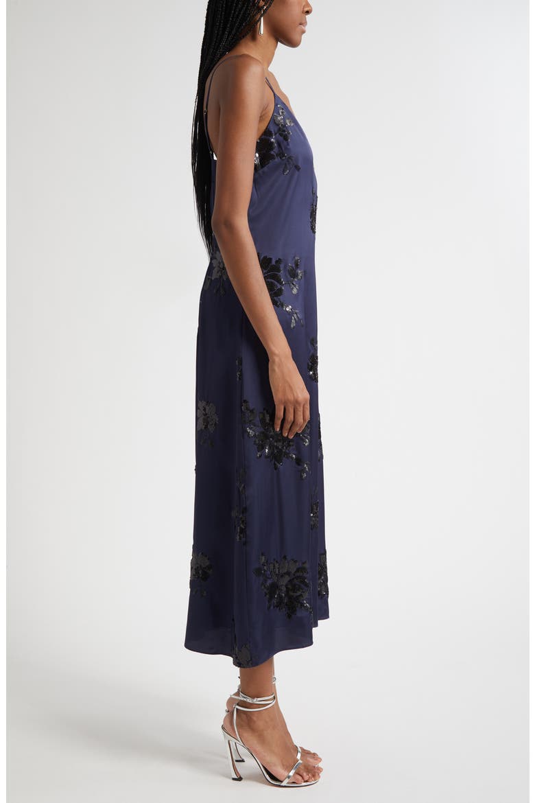 Shannon Placed Sequin Floral Satin Slipdress, Alternate, color, NAVY