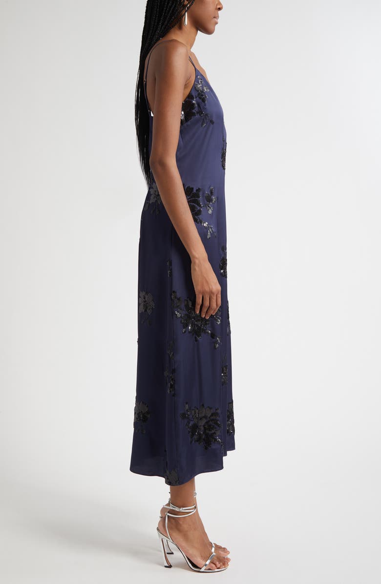 Ramy Brook Shannon Placed Sequin Floral Satin Slipdress, Alternate, color, Navy