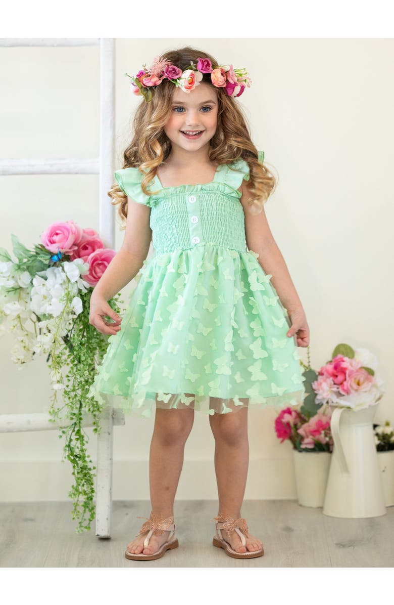 Mia Belle Girls Girls Butterfly Kisses Green Smocked Dress, Alternate, color,