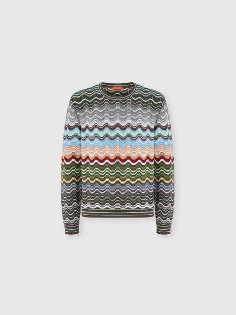 Crew-neck Cotton And Viscose Chevron Pullover With Greek Motif